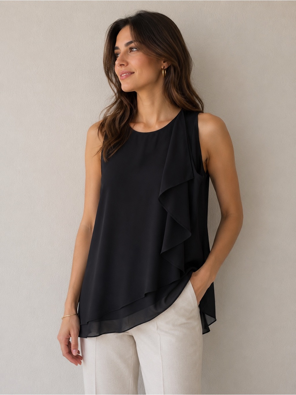Karen Kane Black Sleeveless Ruffle-Trim Camisole